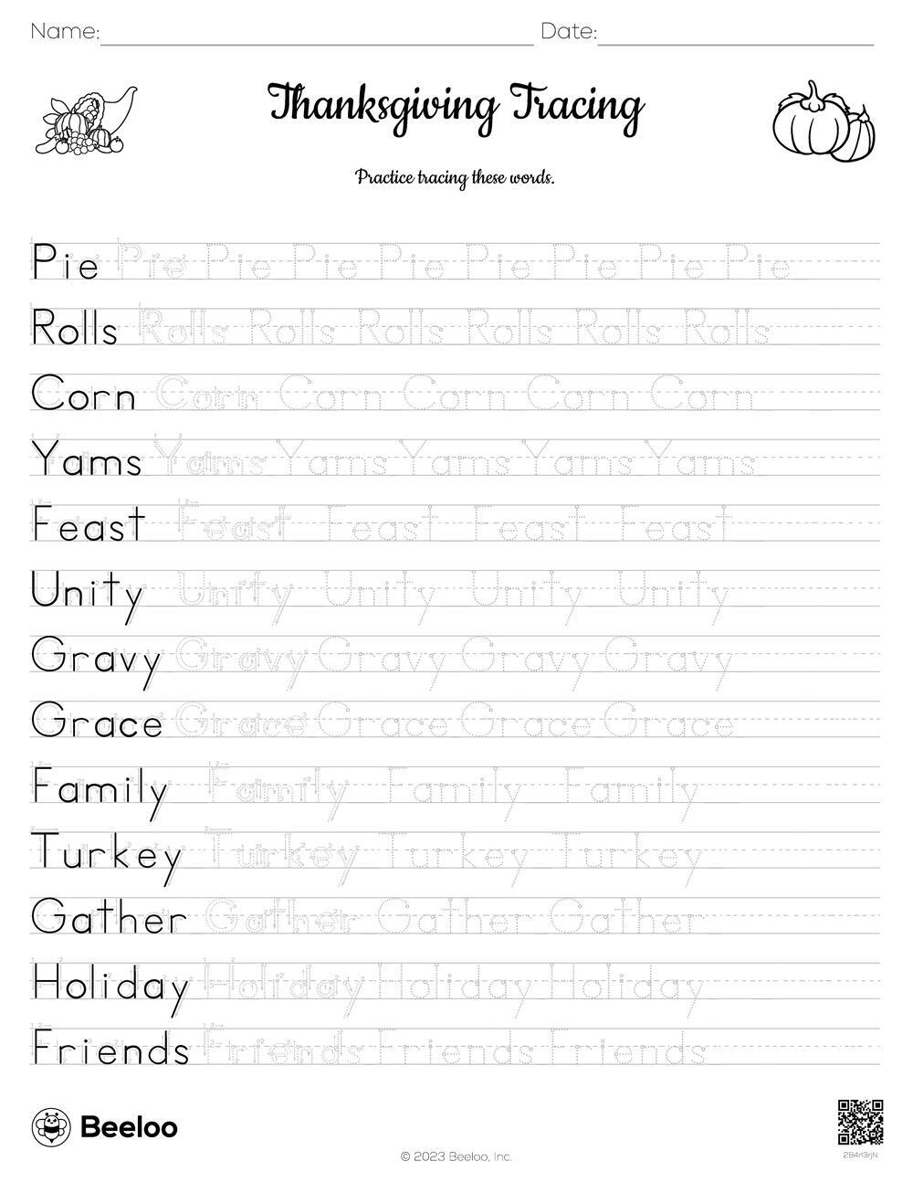 free thanksgiving tracing worksheets