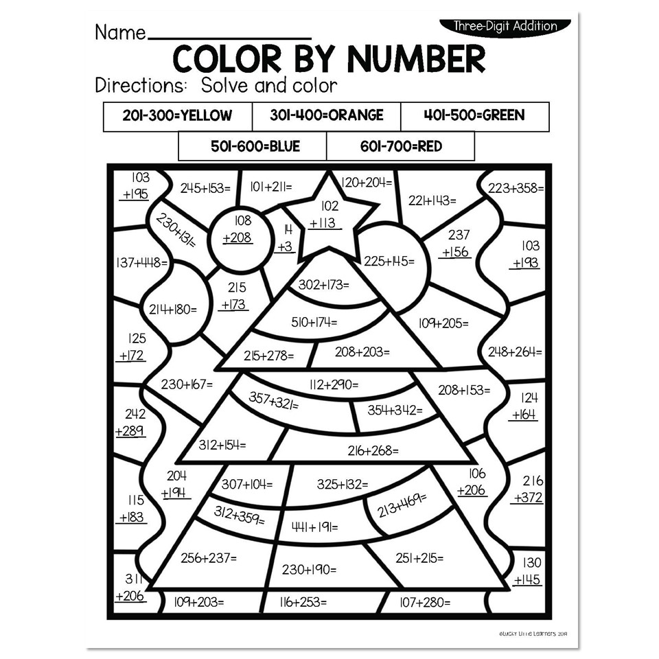 3 Digit Addition Winter Color By Number Christmas Tree 2