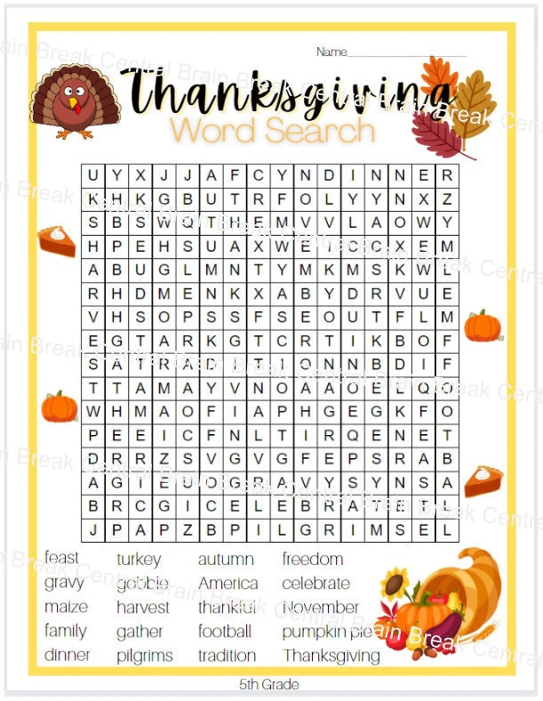 5th Grade Thanksgiving Word Search With