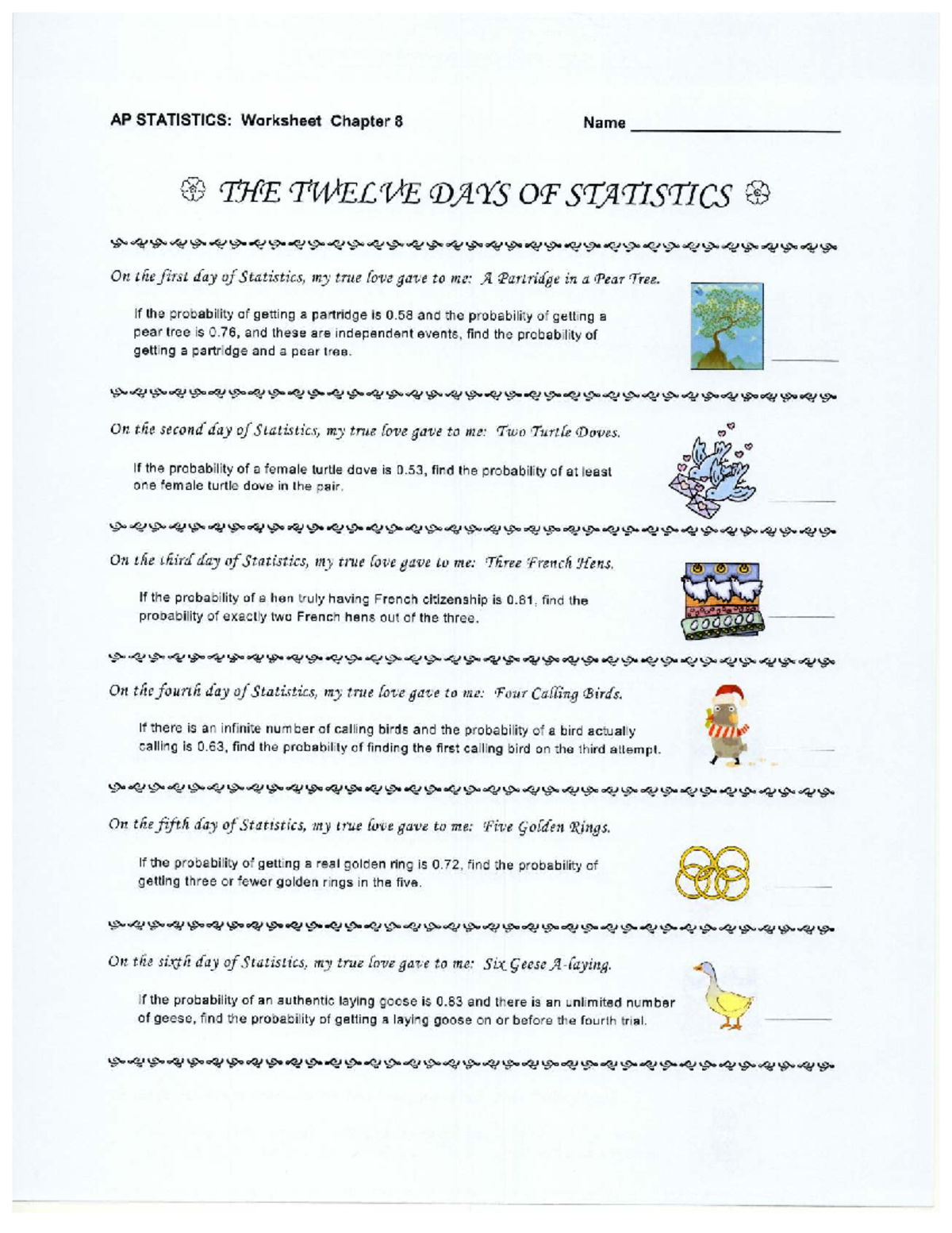 Ap Statistics Worksheet On The Twelve Days Of Statistics Ap Statistics Worksheet On The Twelve Days Of Statistics