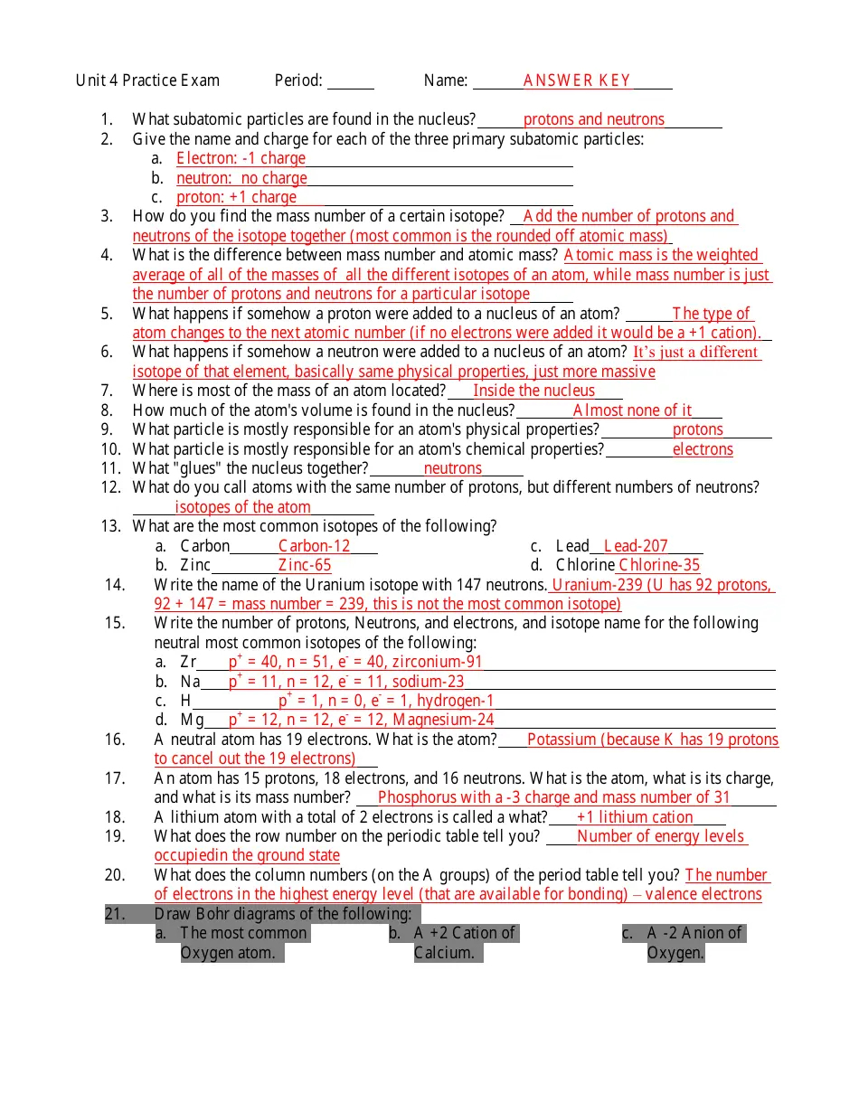 Chemistry Unit 4 Practice Exam With Answer Key Bainbridge Island School District 303