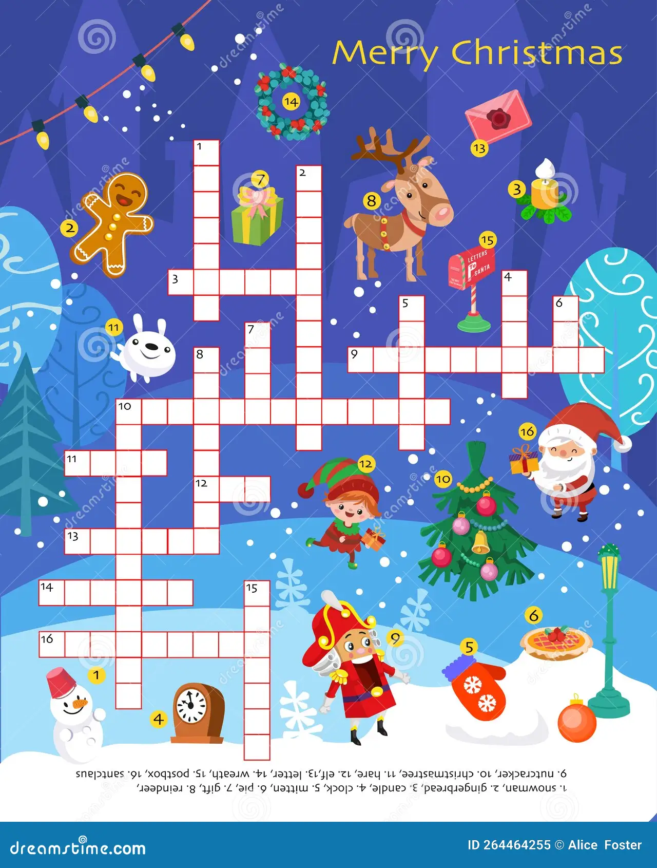 Christmas Crossword Puzzle Game Children Set Winter Holiday Objects Printable Worksheet Kids Vector Illustration Image264464255