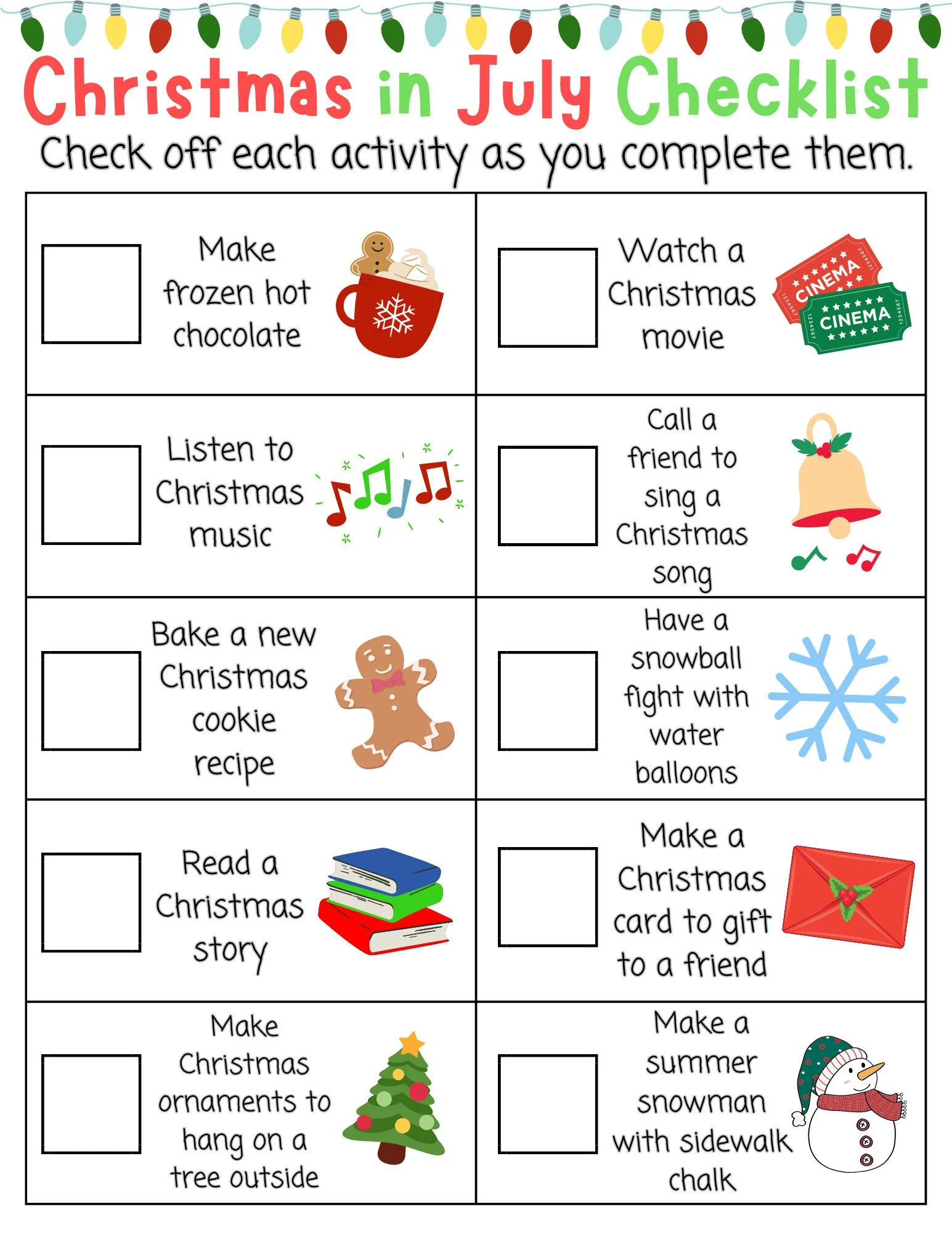 Christmas In July Checklist Printable