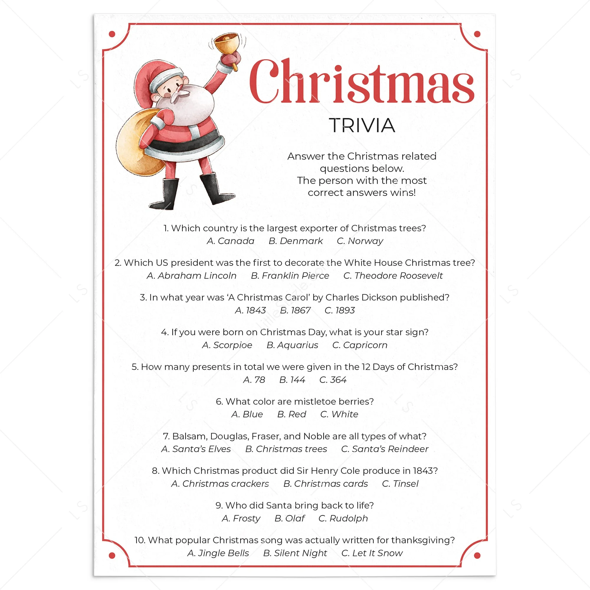 Christmas Multiple Choice Trivia With Answers Printable