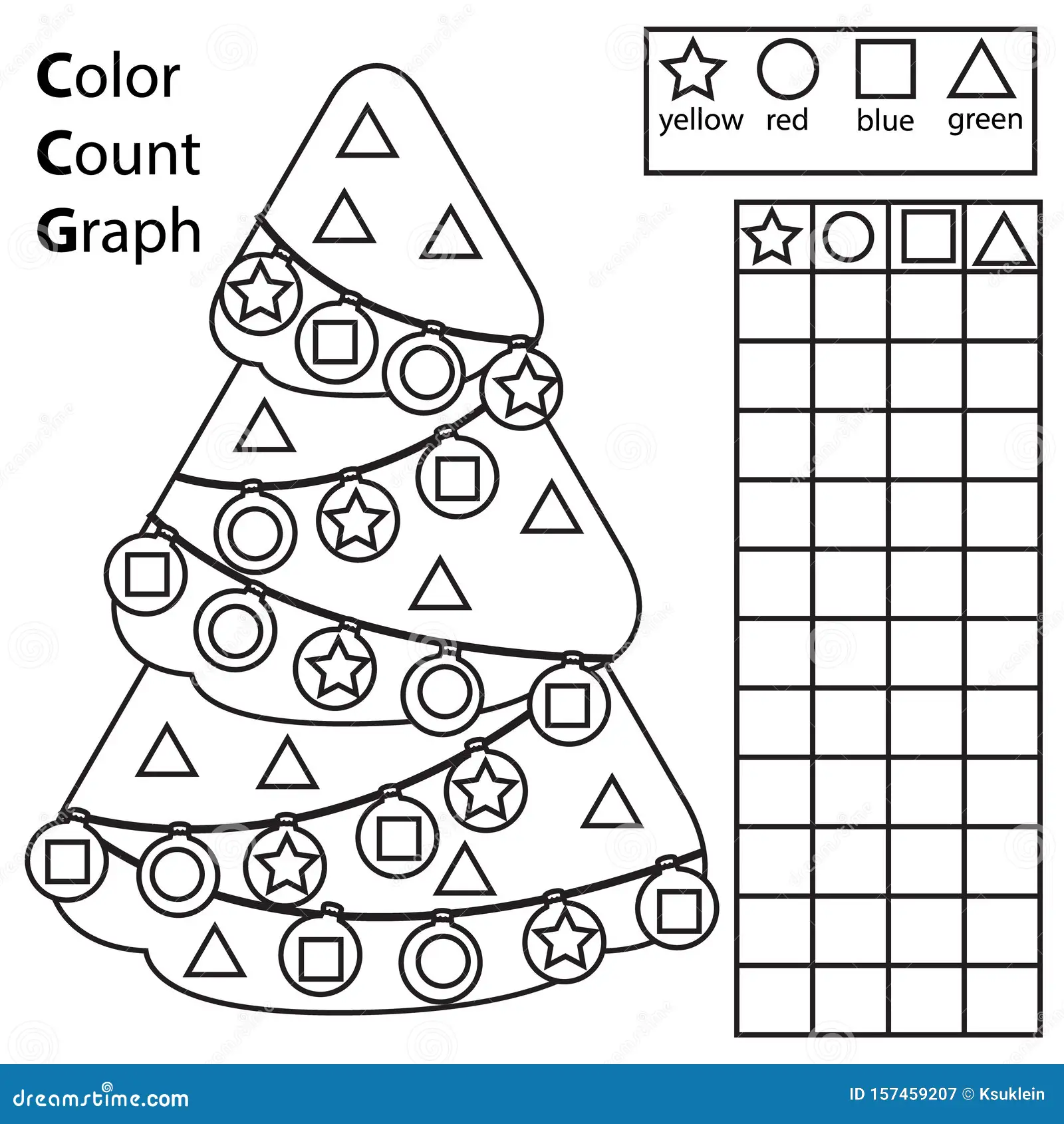 Color Count Graph Educational Children Game Color Christmas Spruce Tree Counting Shapes Printable Worksheet Kids Color Image157459207