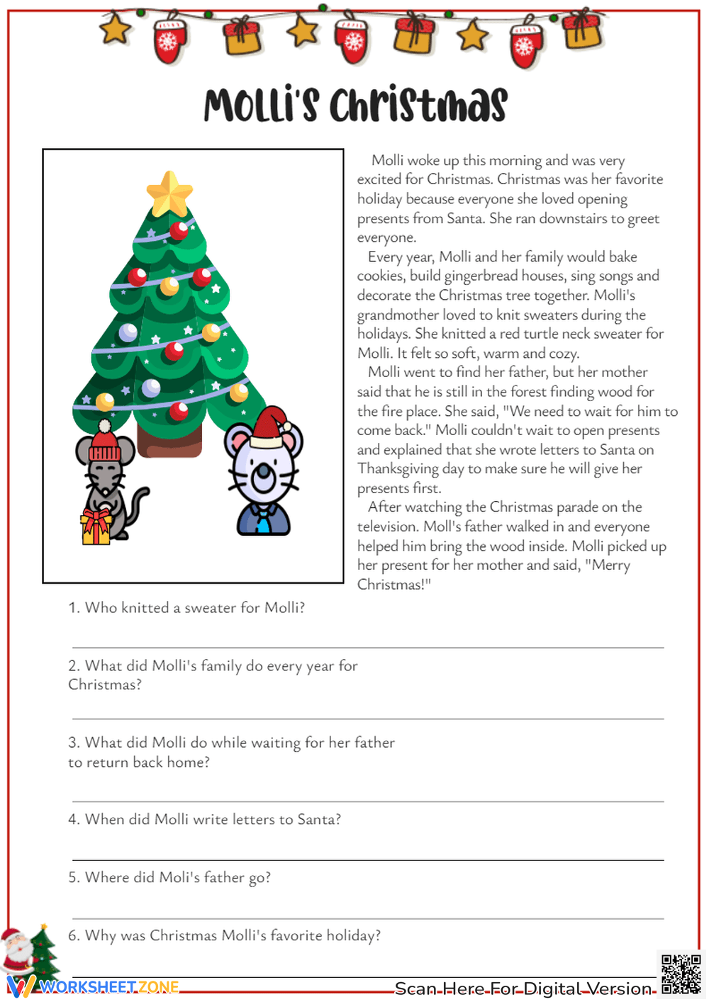 reading comprehension worksheets christmas
