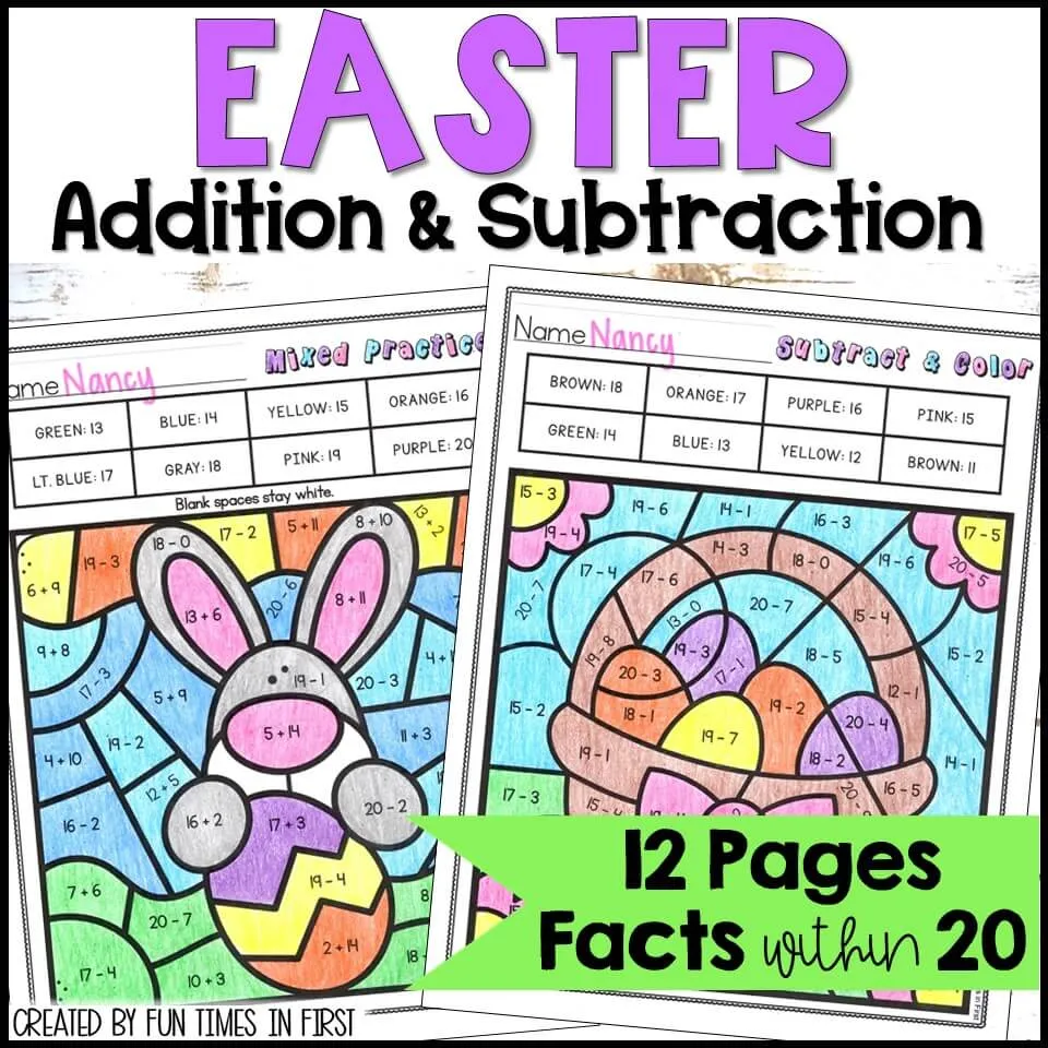 Easter Color By Code Math Worksheets Addition Subtraction To 20