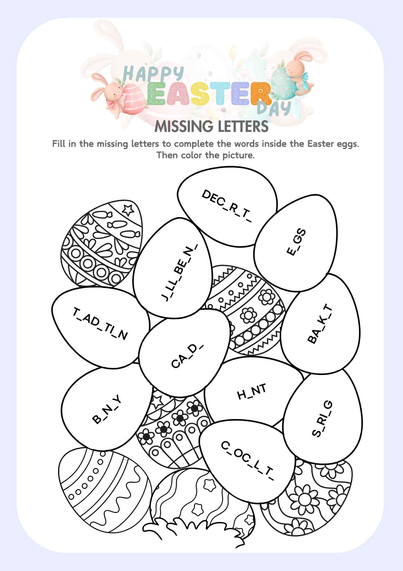 Easter Day Fill In The Missing Letters And Color Easter Eggs Free Printable Pdf
