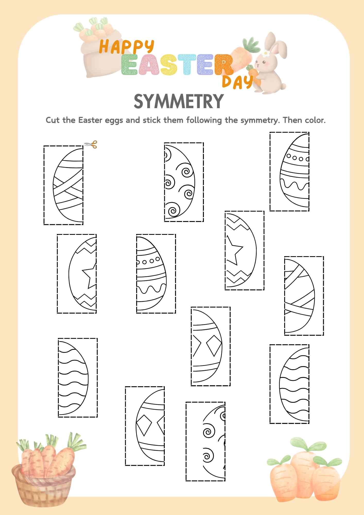 Easter Holiday Color And Cut Symmetry Activity For Kids Downloadable Pdf Coloring