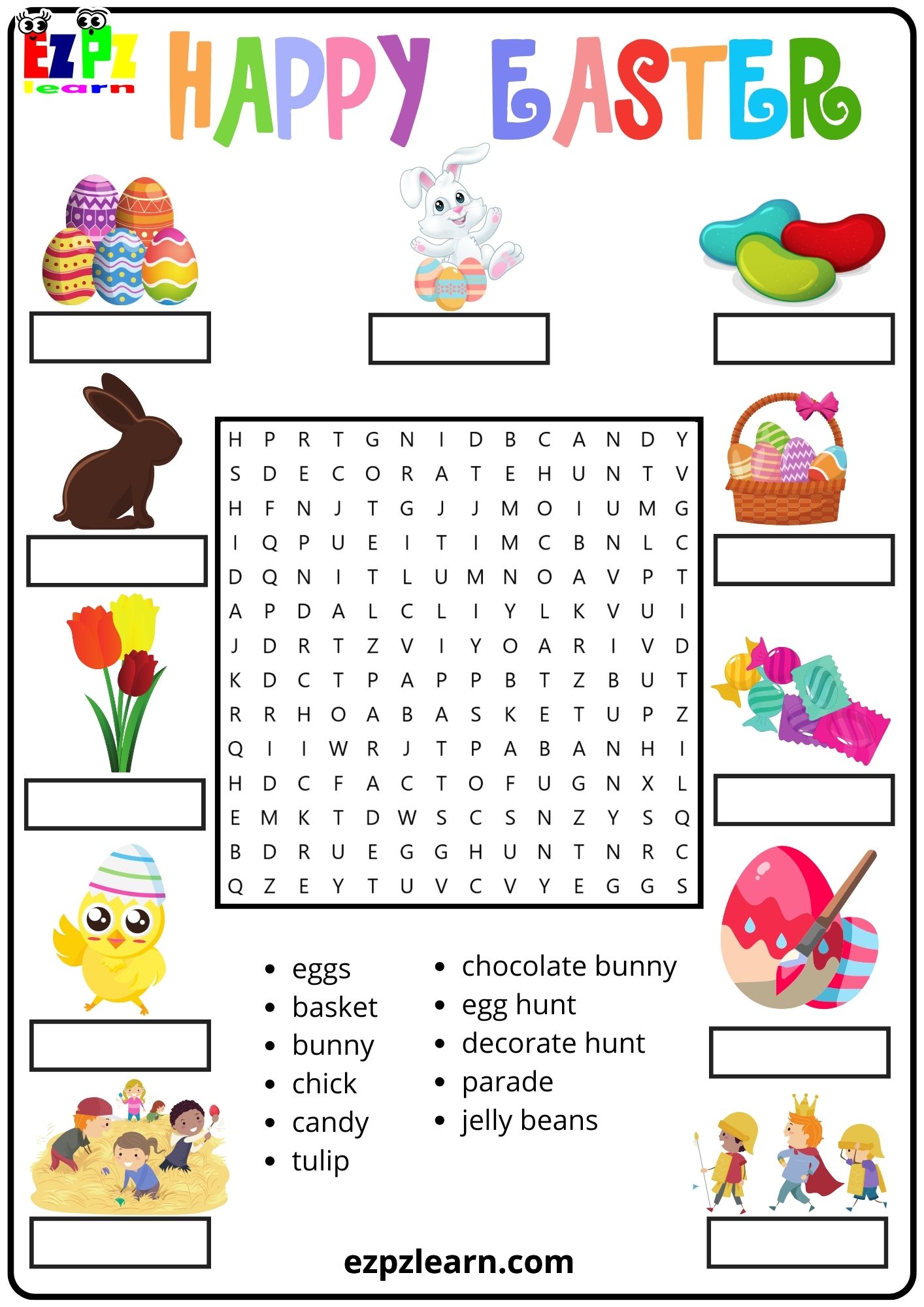 Easter Holiday Vocabulary Word Search And Match The Words Activity For Kids Pdf Worksheets
