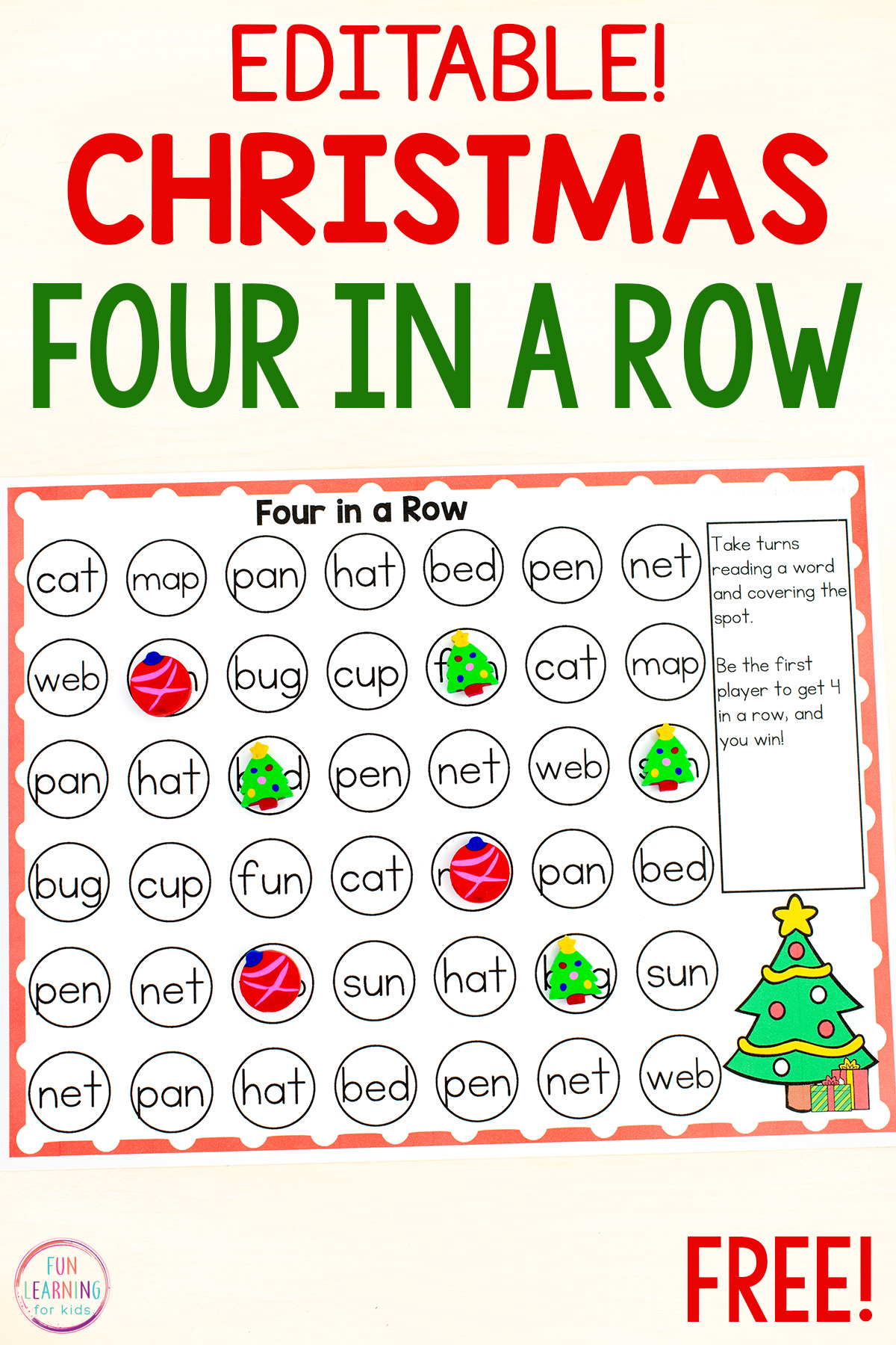 Editable Christmas Tree Four In A Row Literacy Activity