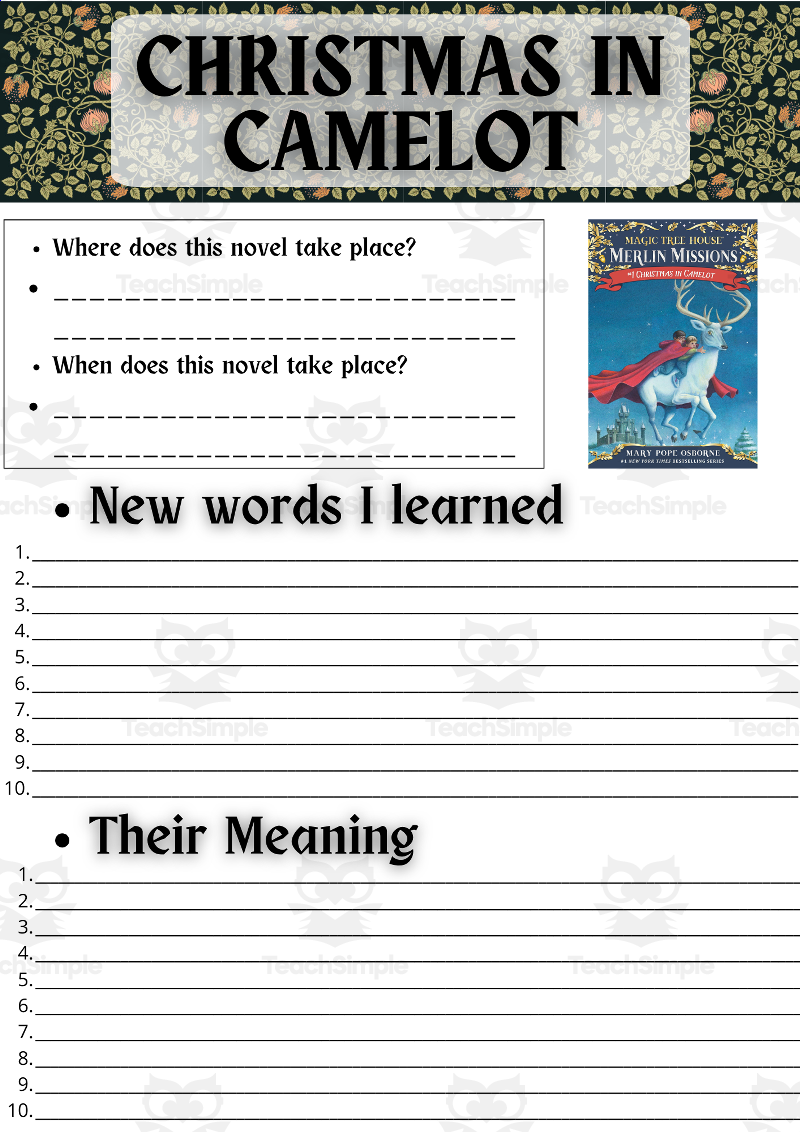Esl Novel Study Worksheets On Christmas In Camelot Magic Tree House
