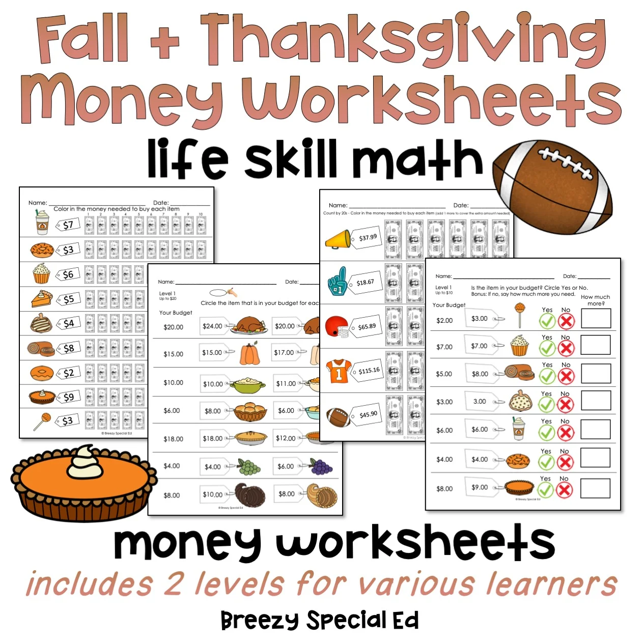 Fall And Thanksgiving Life Skill Money Math Budget Worksheets For Special Ed