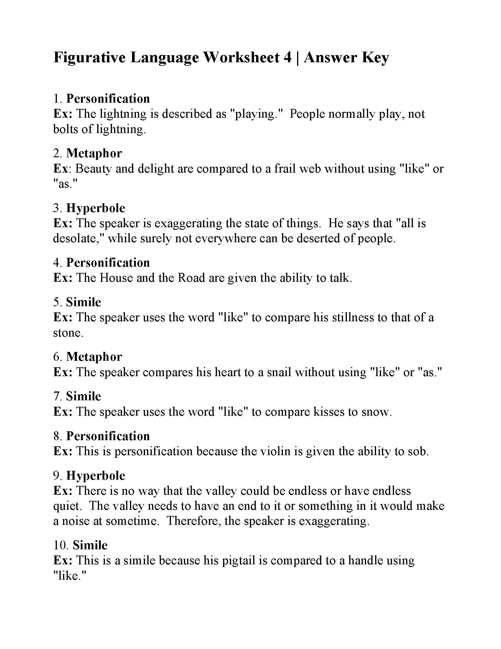 Figurative Language Worksheet 04 Figurative Language Worksheet 04