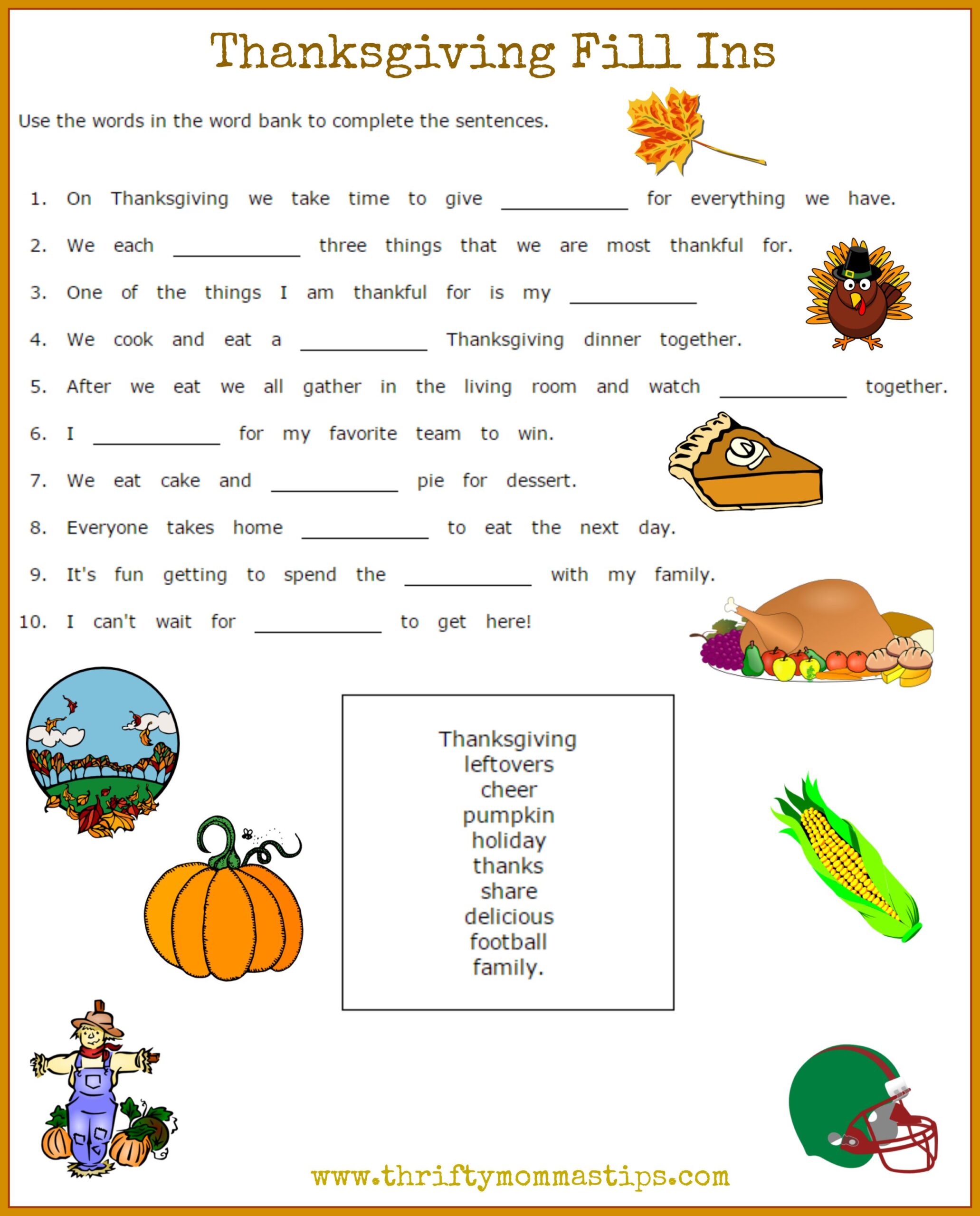 Free Thanksgiving Printable Fill Ins Vocabulary Sheet For Children Free Thanksgiving Printable Fill Ins Vocabulary Sheet For Children