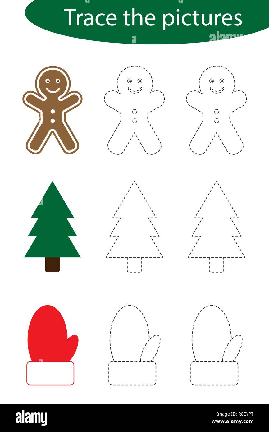Handwriting Practice Sheet Christmas Trace The Pictures Gingerbread Tree Mitten Kids Preschool Activity Educational Children Game Printable Worksheet Writing Training Vector Illustration Image228981168