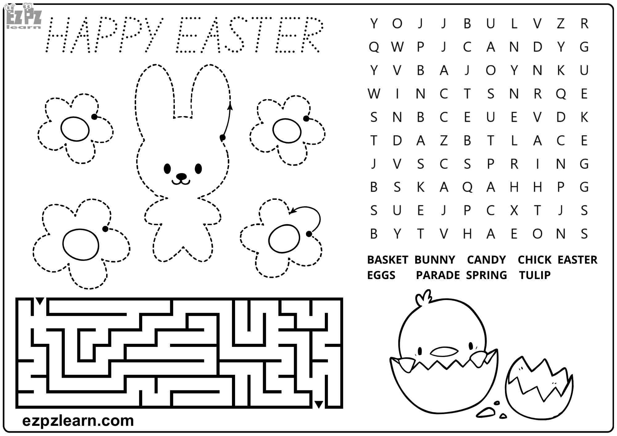 Happy Easter Activity For Kids Word Search Tracing Coloring And Maze Pdf Worksheets