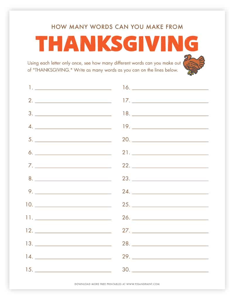 How Many Words Can You Make Out Of Thanksgiving Free Printable Game