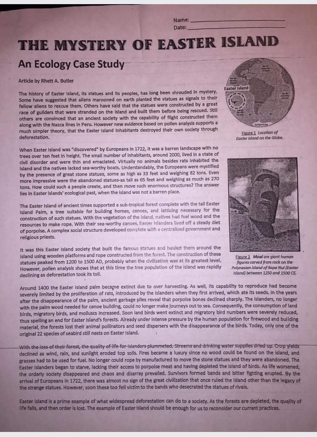 Name Date Mystery Easter Island Ecology Case Study Article Rhett Butler Easter Island His Q68354635
