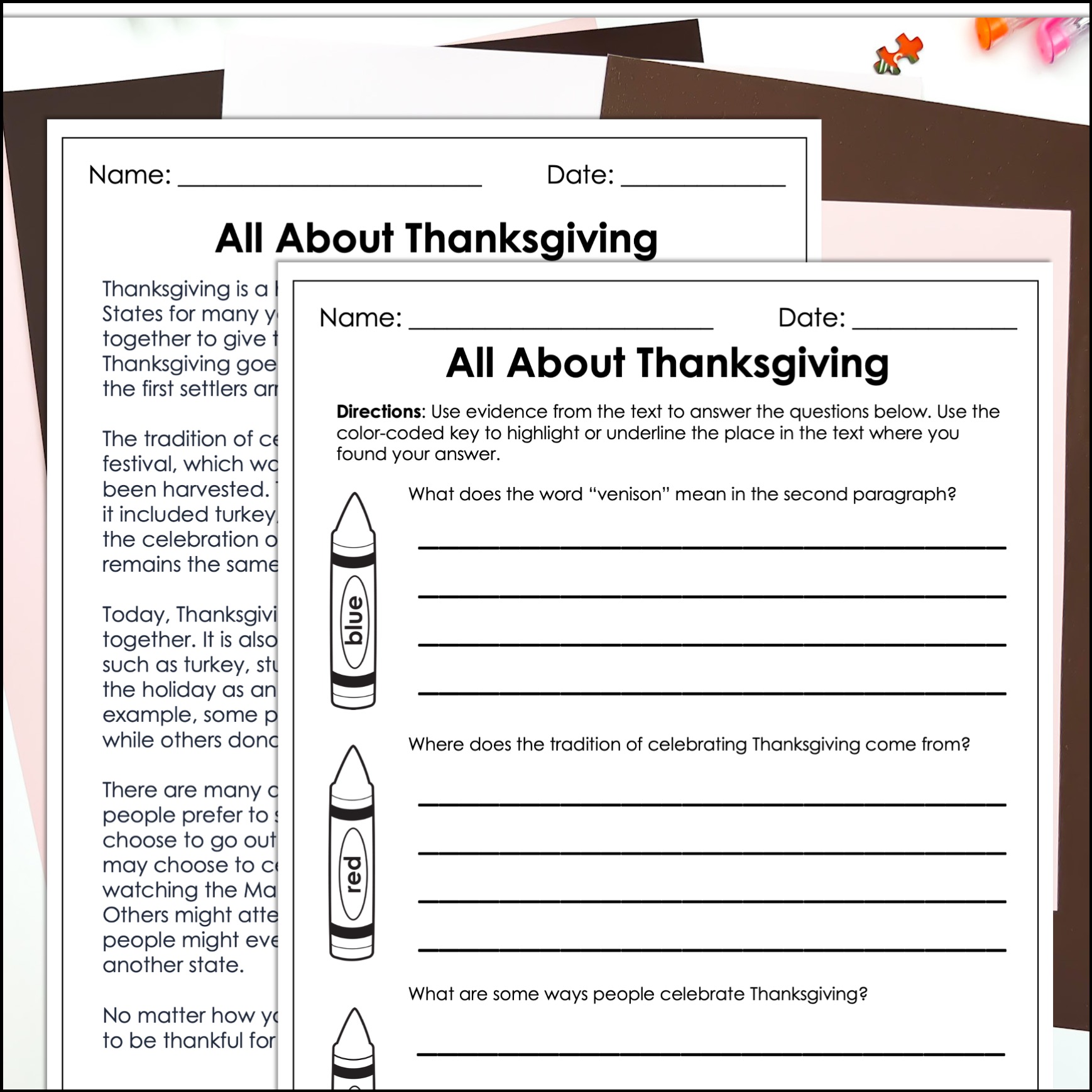 November Math And Reading Packet 5th Grade Thanksgiving Activities