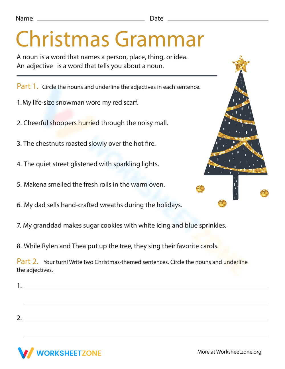 christmas parts of speech worksheets