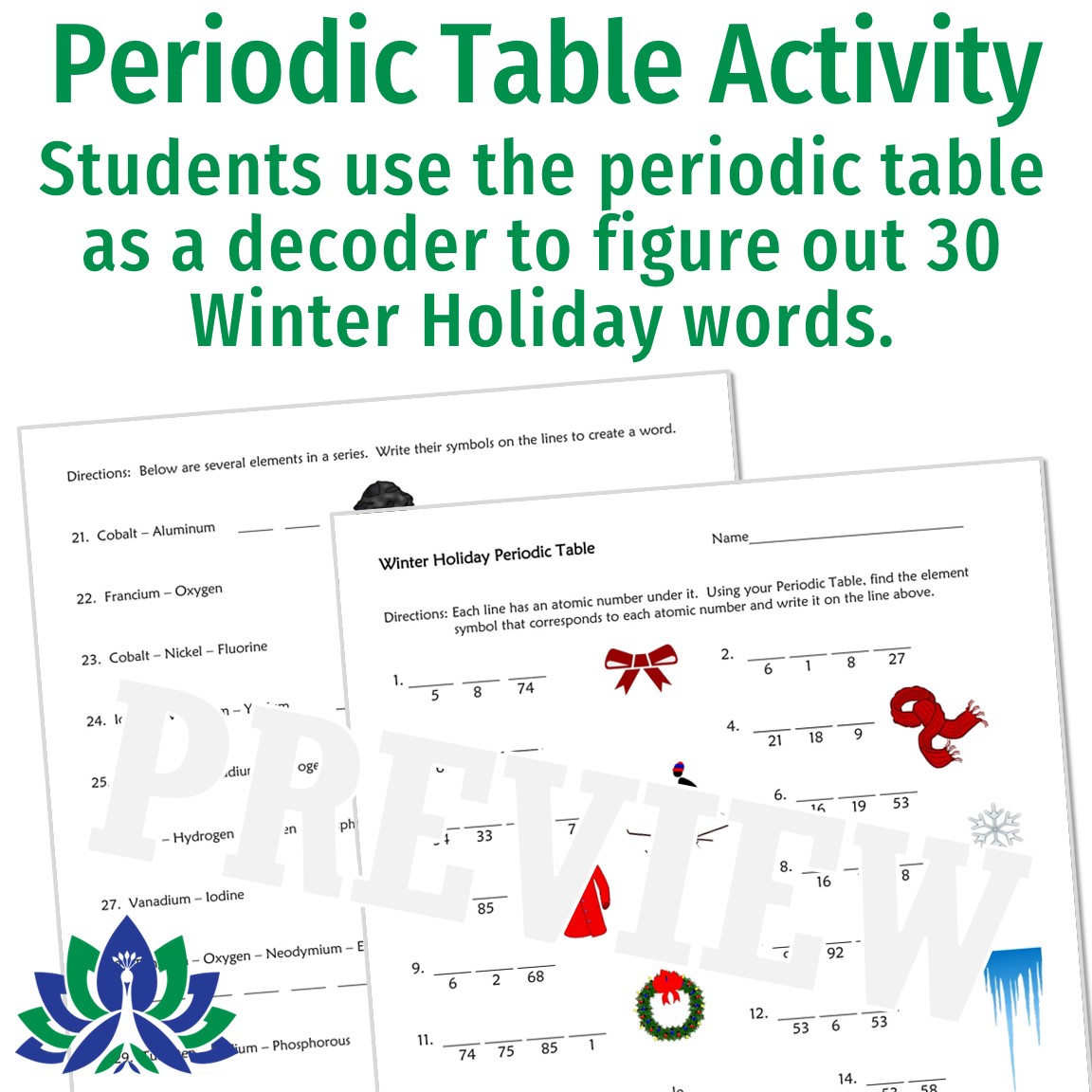 Periodic Table Holiday Christmas Science Worksheet Activity