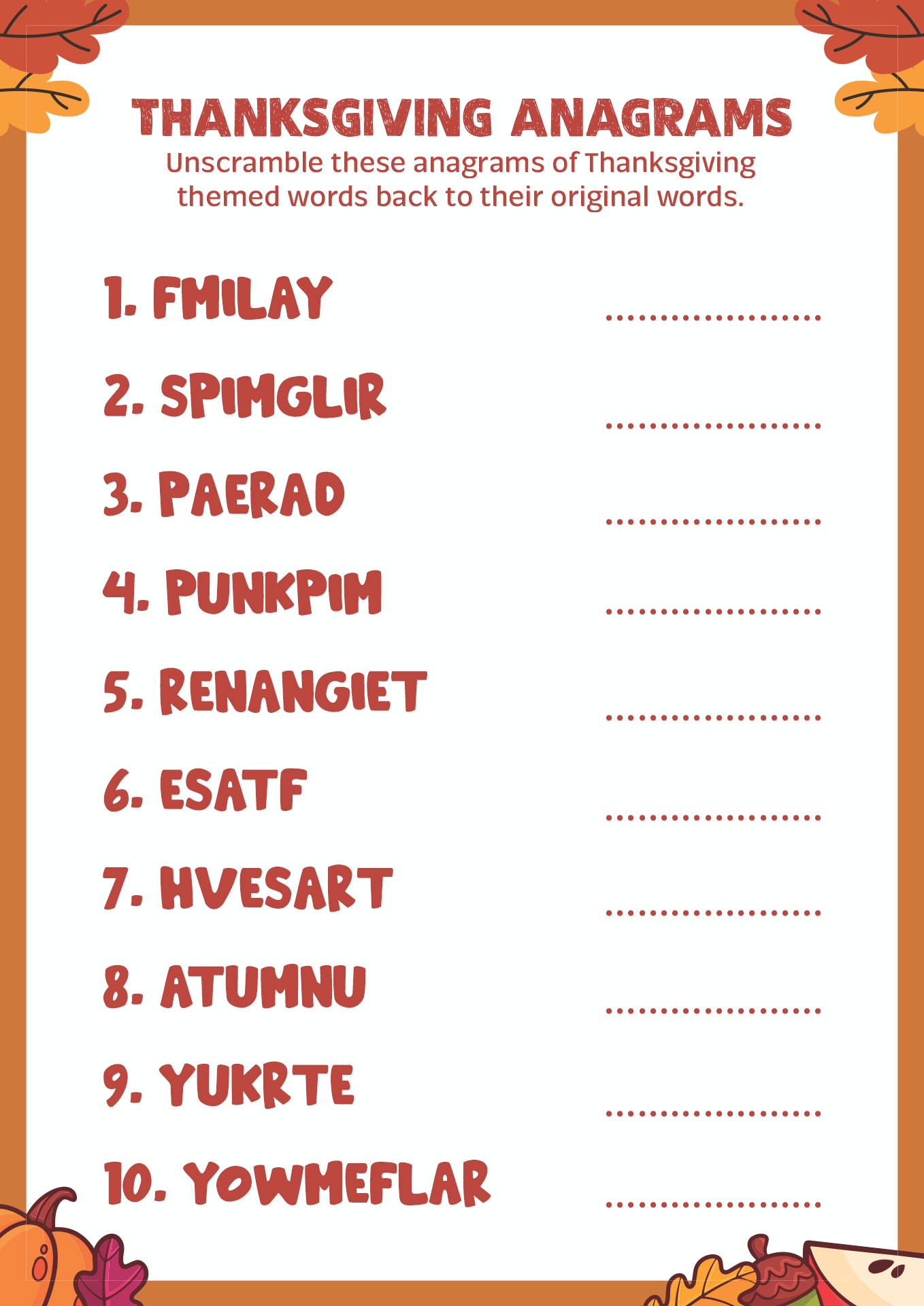 thanksgiving anagrams worksheet answers