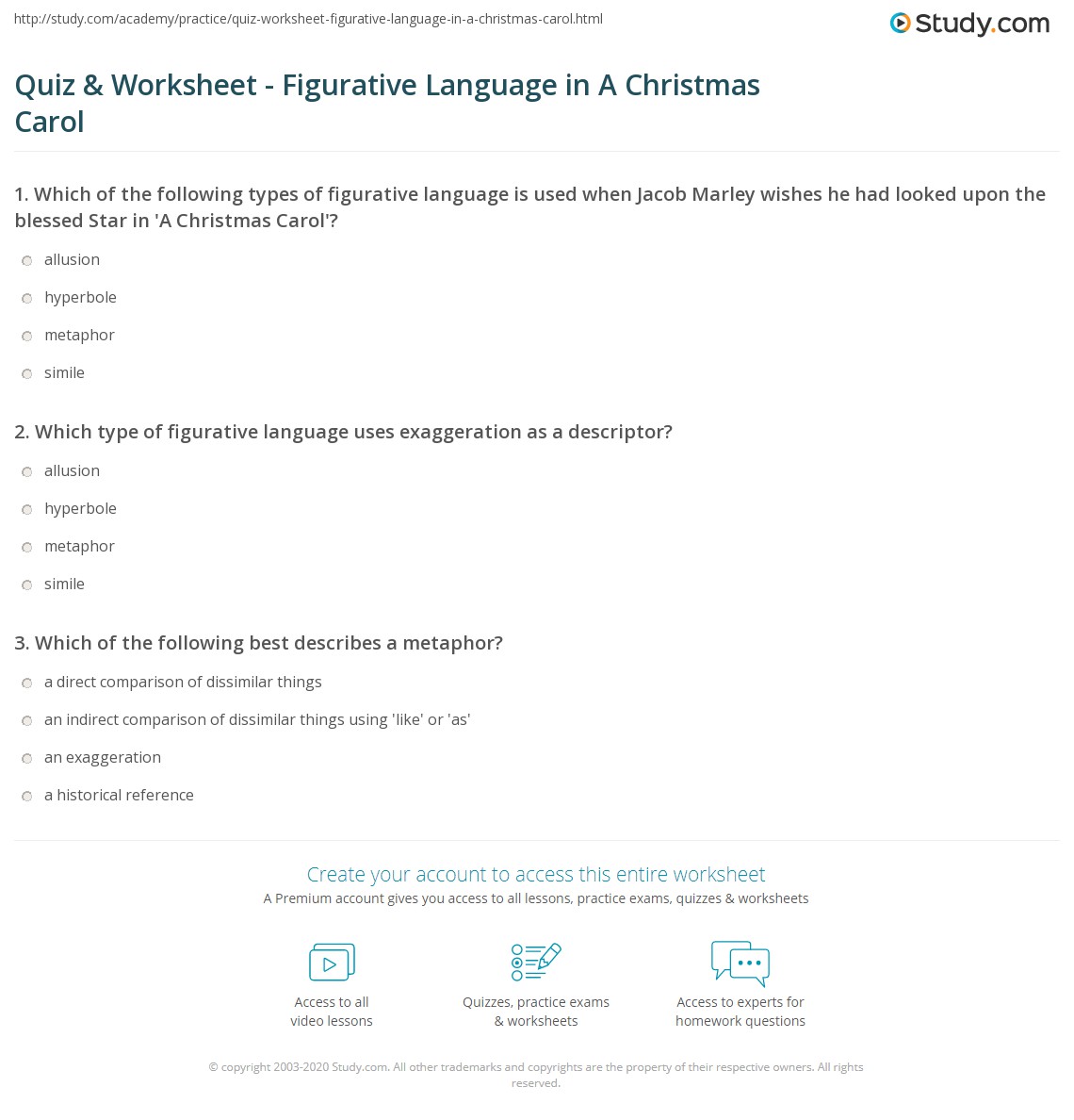 Quiz Worksheet Figurative Language In A Christmas Carol