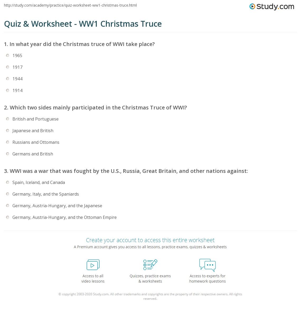 Quiz Worksheet Ww1 Christmas Truce
