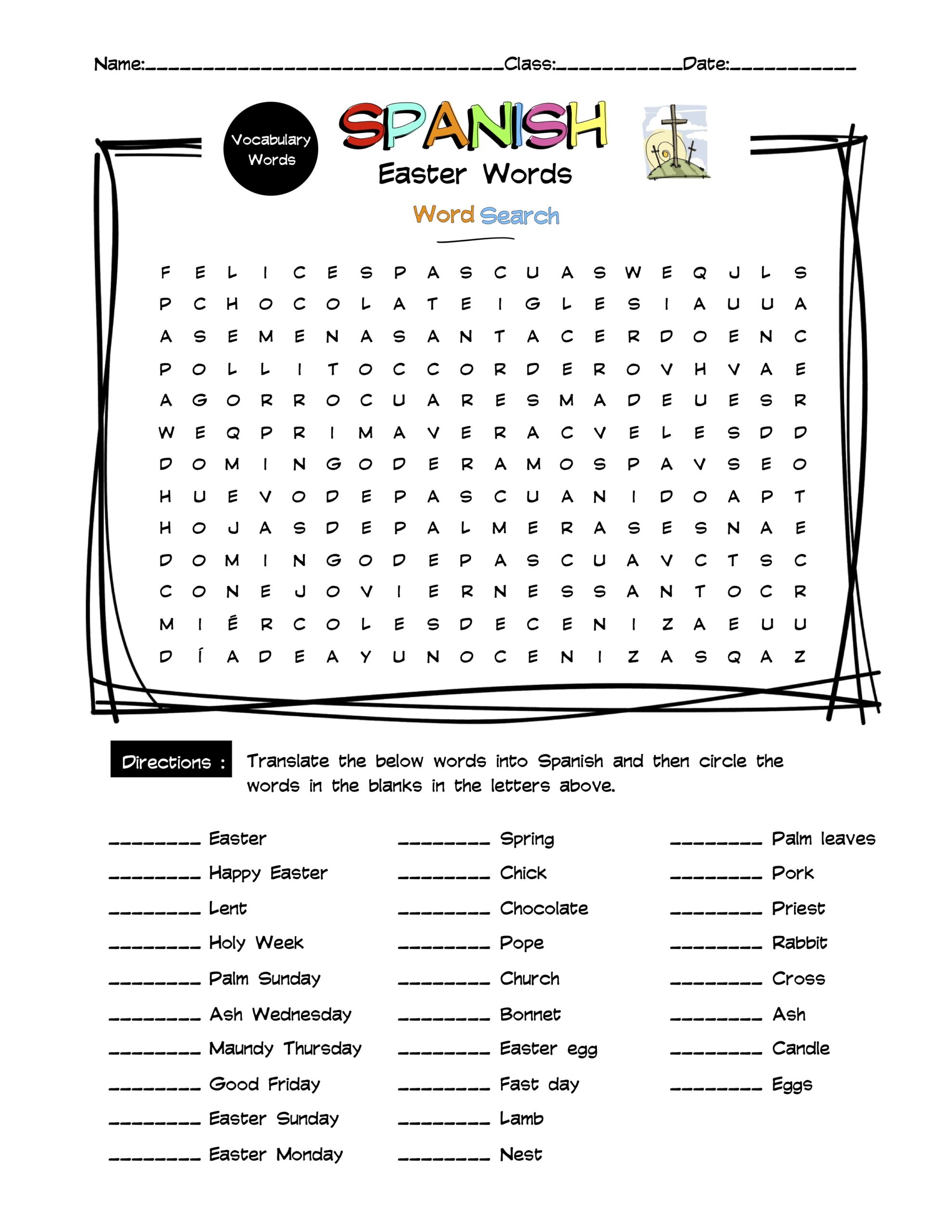Spanish Easter Vocabulary Word Search Answer Key