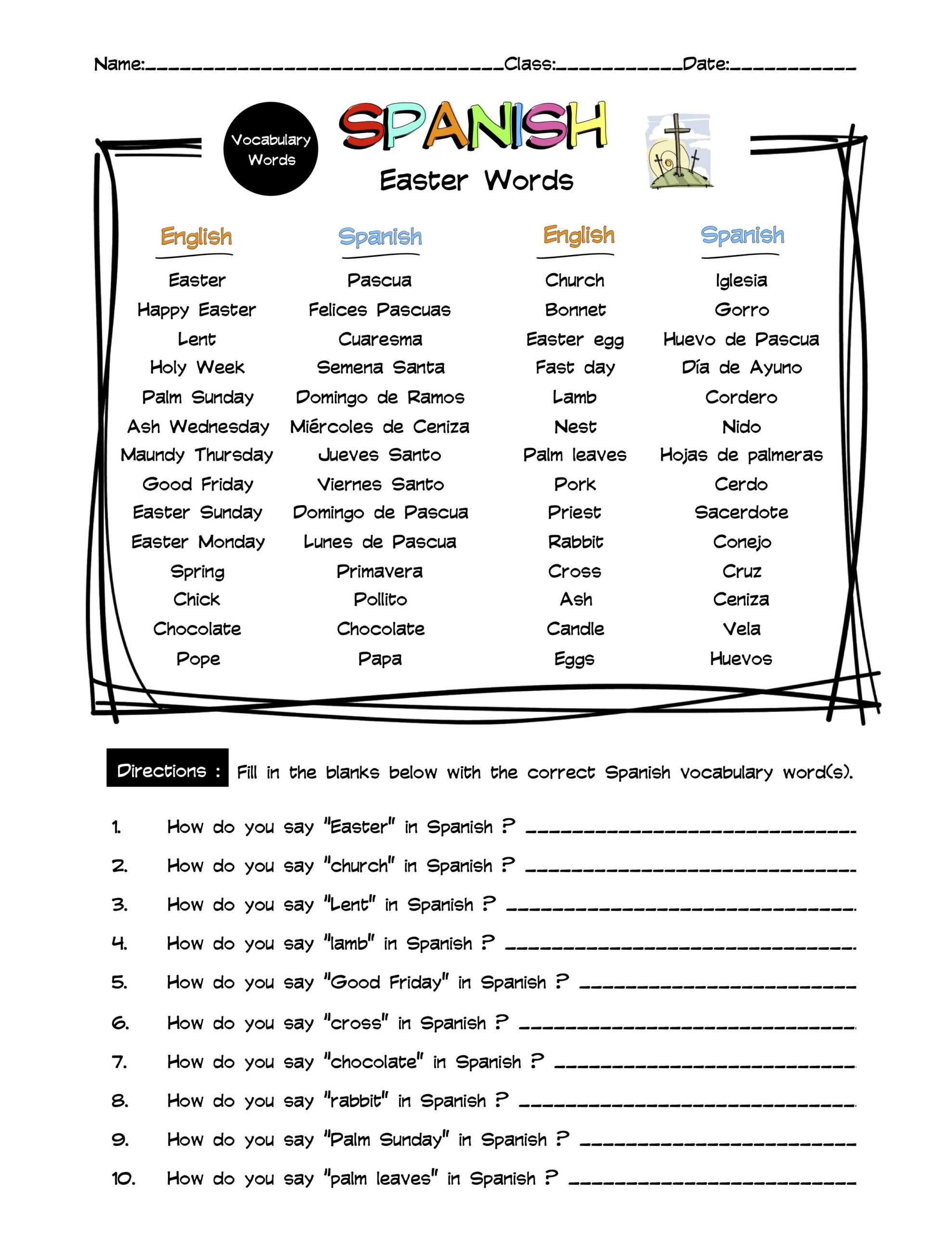 Spanish Easter Words Vocabulary Word List Worksheet Answer Key