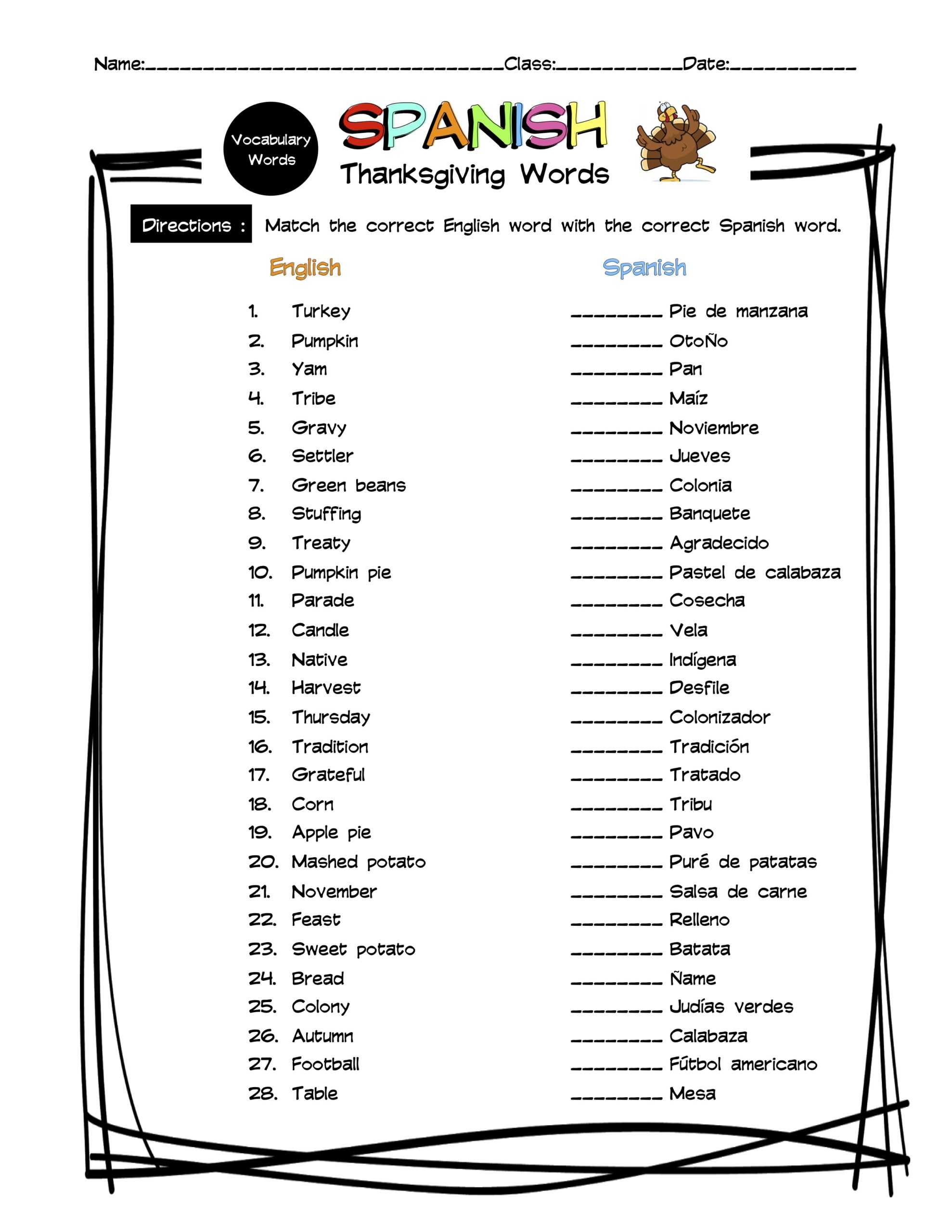 Spanish Thanksgiving Vocabulary Matching Worksheet Answer Key