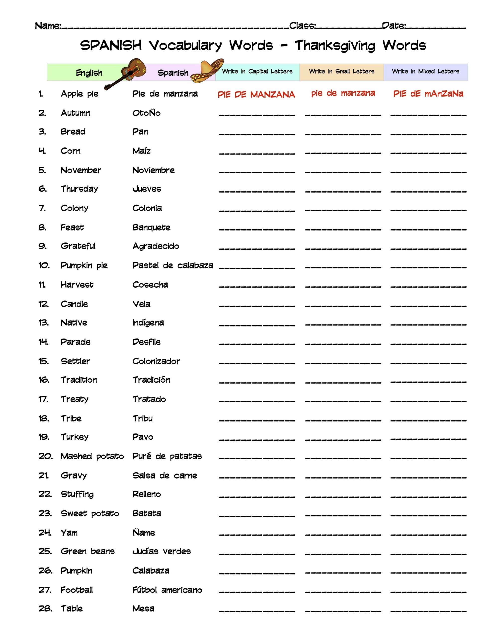 Spanish Thanksgiving Vocabulary Word List Column Worksheet Spanish Thanksgiving Vocabulary Word List Column Worksheet
