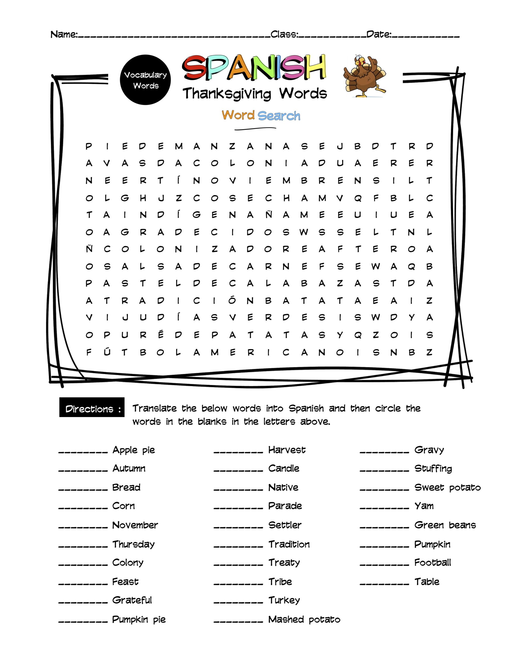 printable spanish thanksgiving worksheets