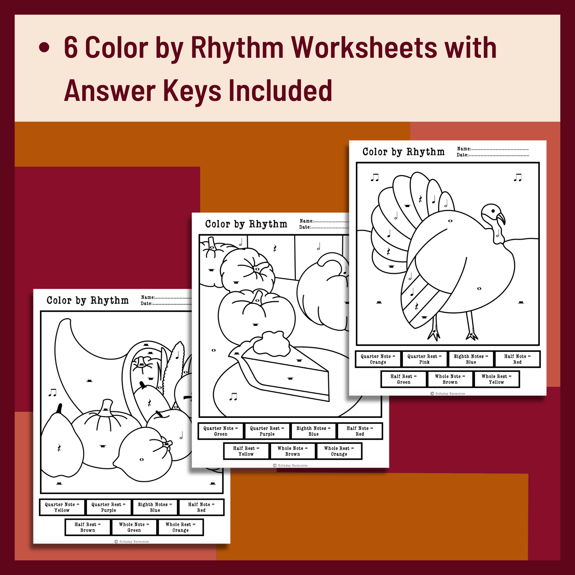 Thanksgiving Color By Rhythm Worksheets Fall Music Activities