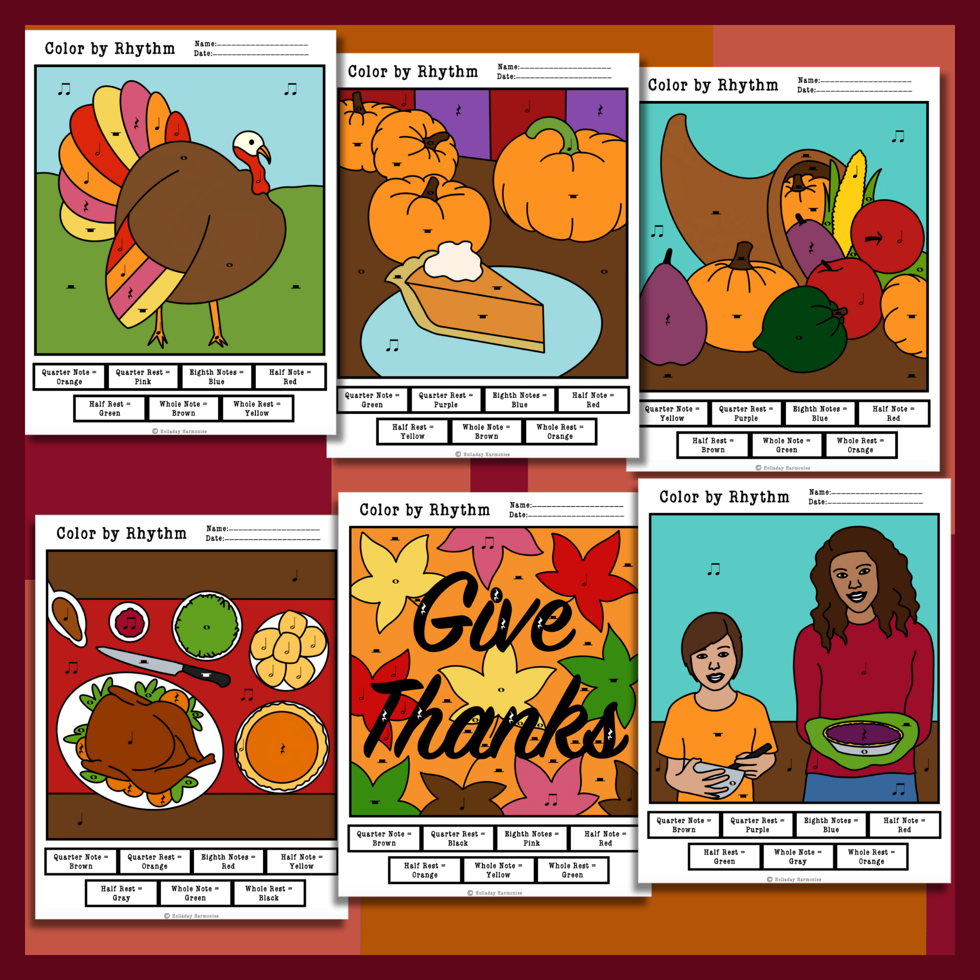 Thanksgiving Color By Rhythm Worksheets Fall Music Activities