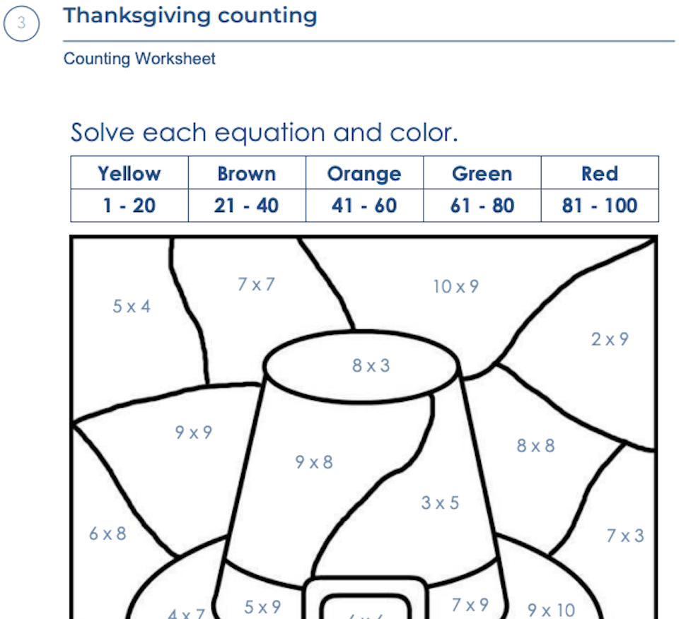 Thanksgiving Counting Worksheets