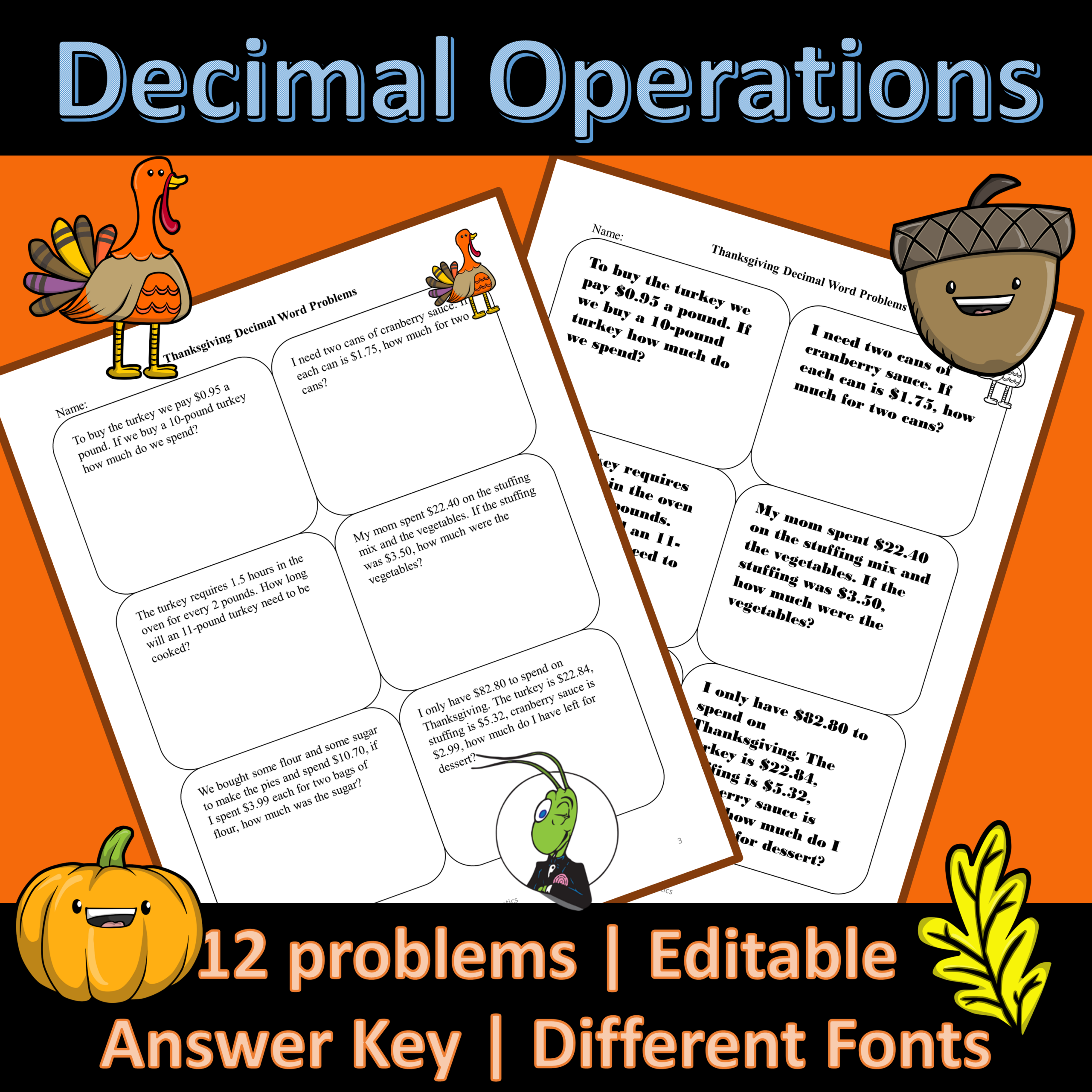 Thanksgiving Decimal Operations Word Problems Editable Thanksgiving Decimal Operations Word Problems Editable