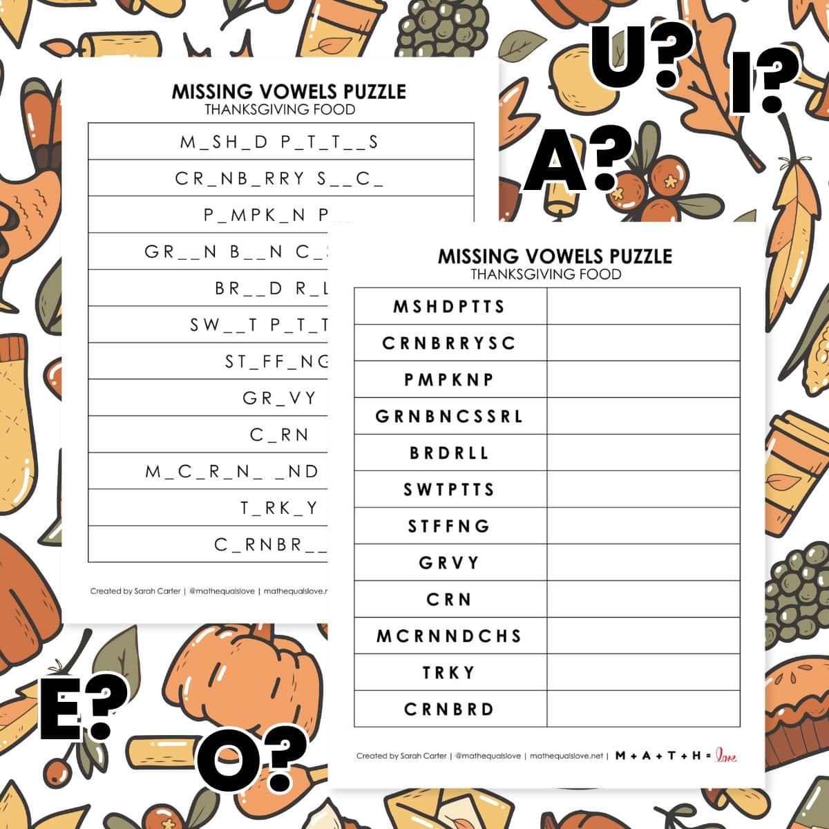 Thanksgiving Foods Missing Vowels Puzzle Thanksgiving Foods Missing Vowels Puzzle
