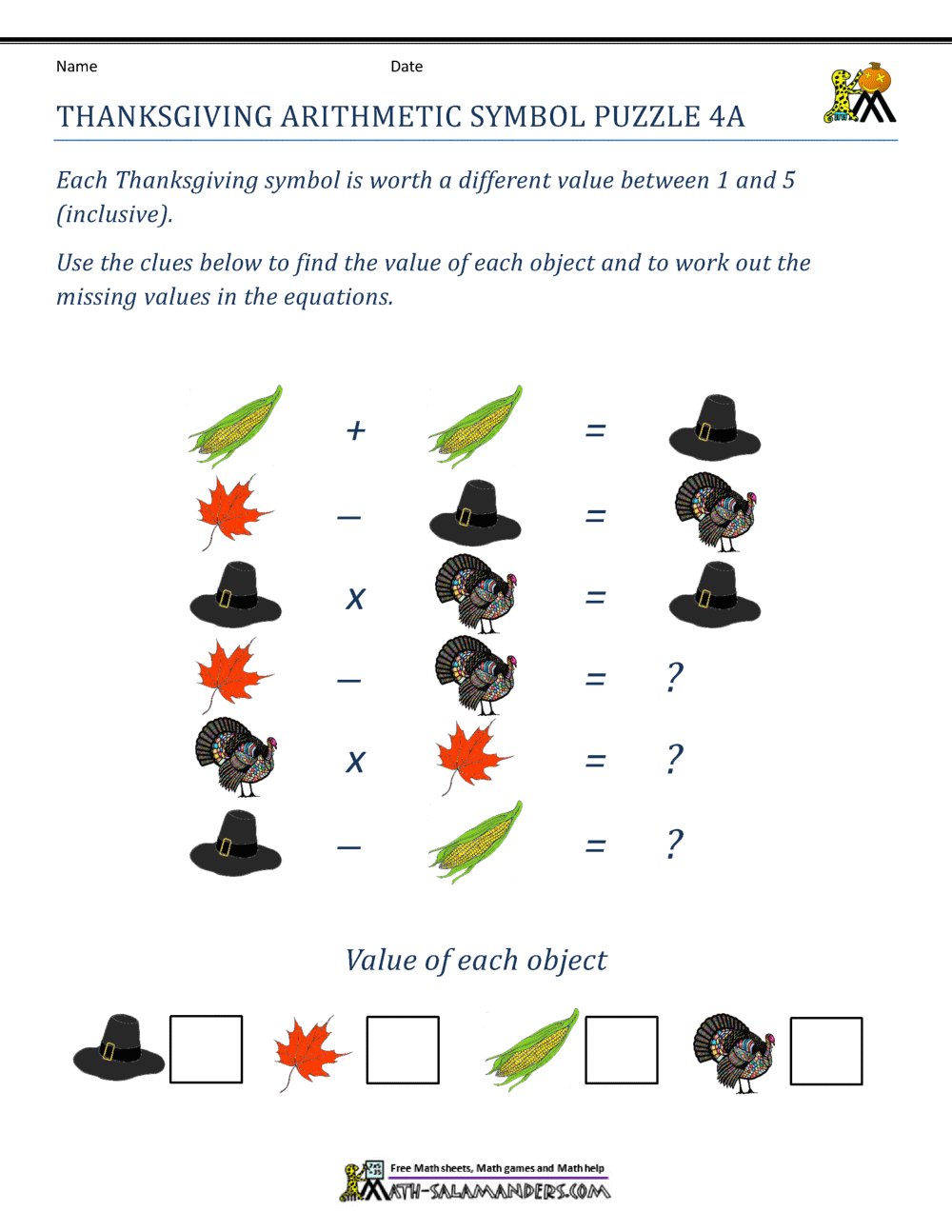 Thanksgiving Math Activities 4th Grade