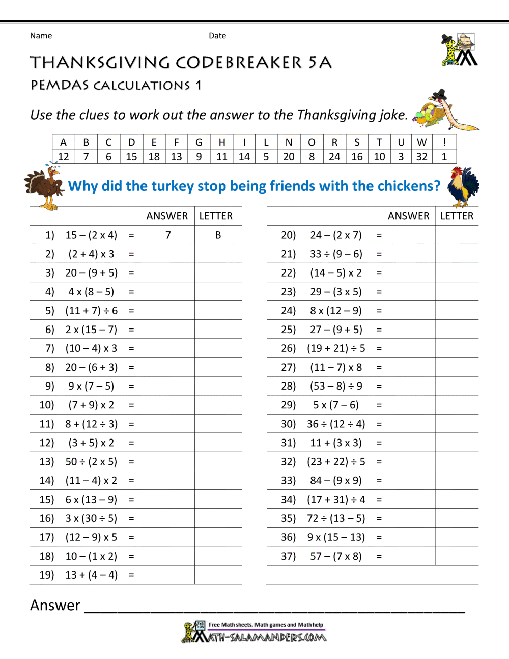 Thanksgiving Math Worksheets 5th Grade