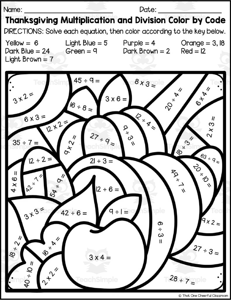Thanksgiving Multiplication Division Color By Code Thanksgiving Multiplication Division Color By Code