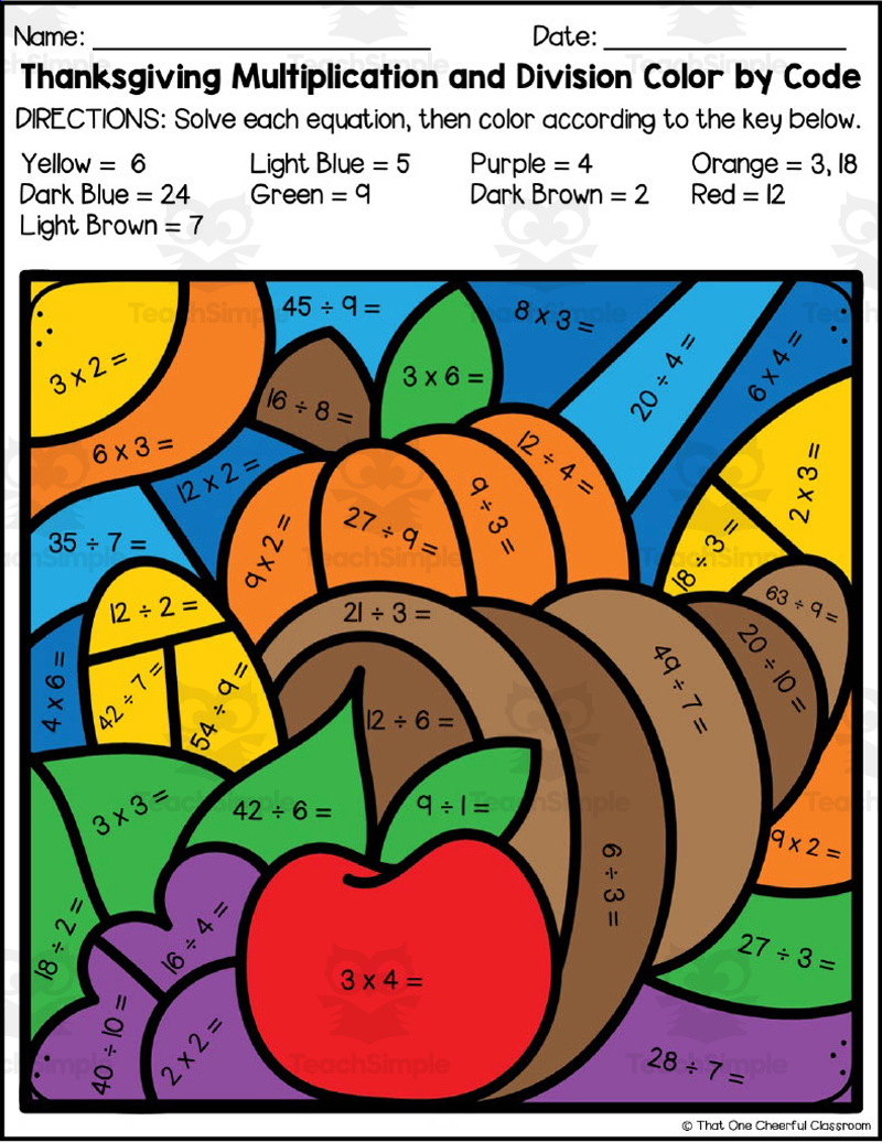 thanksgiving multiplication coloring worksheets