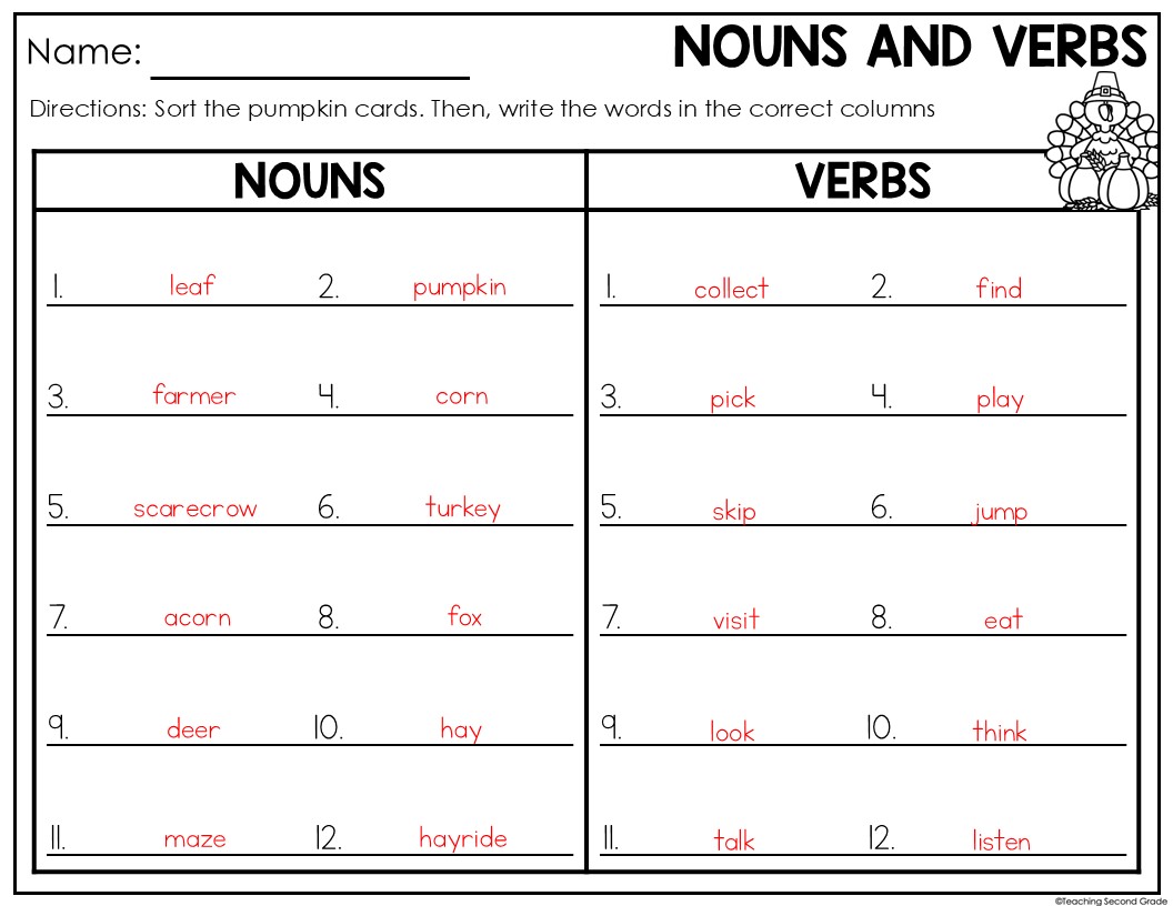 Thanksgiving Nouns And Verbs Center For 1st And 2nd Grade Game And Worksheets Thanksgiving Nouns And Verbs Center For 1st And 2nd Grade Game And Worksheets