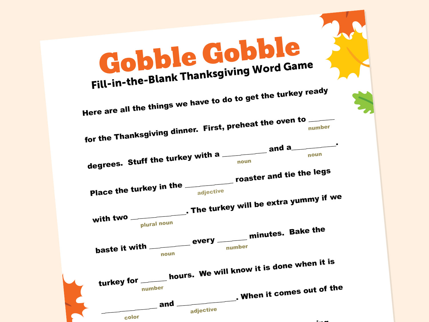 Thanksgiving Themed Printable Word Game