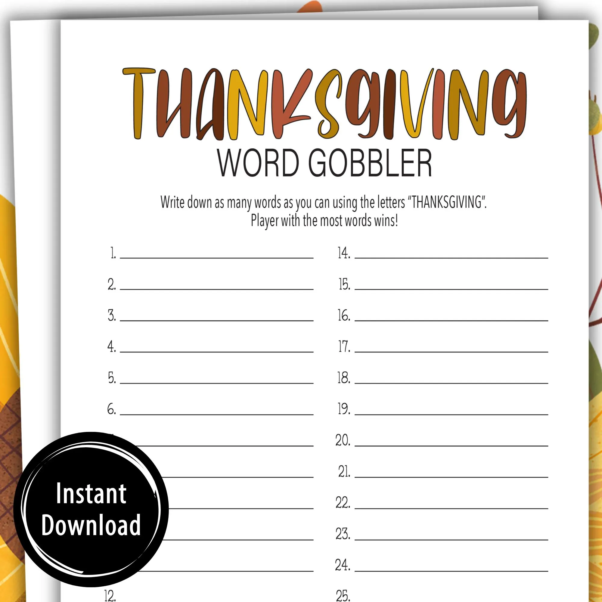 Thanksgiving Word Game How Many Words