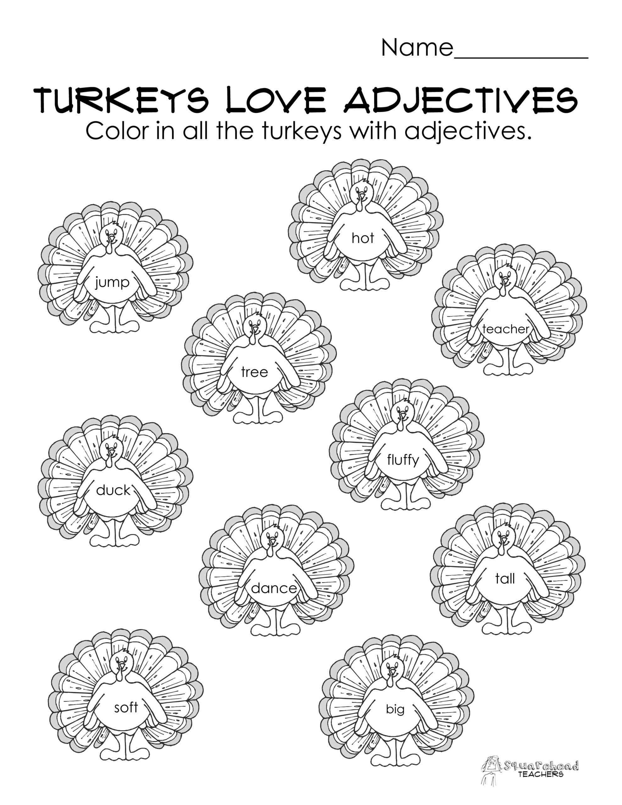 Turkeys Love Adjectives Free Worksheet