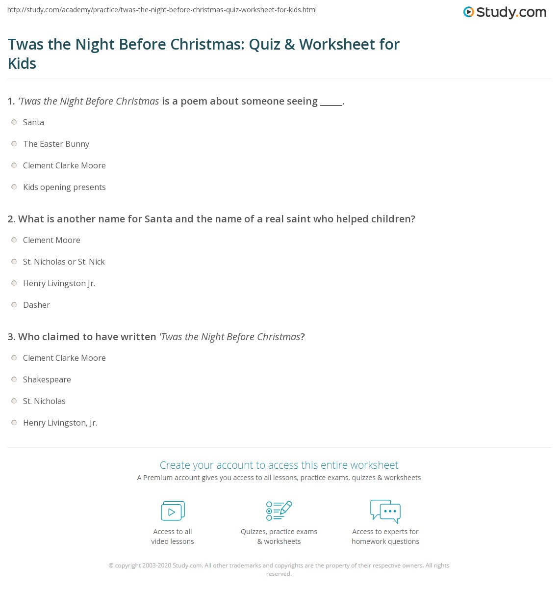 Twas The Night Before Christmas Quiz Worksheet For Kids Twas The Night Before Christmas Quiz Worksheet For Kids