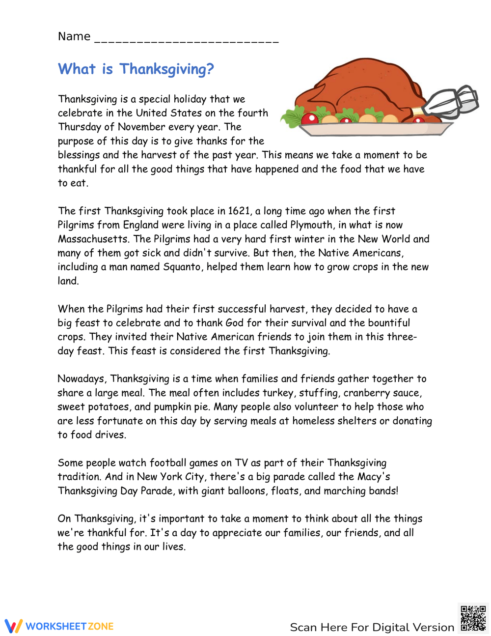 the history of thanksgiving worksheet