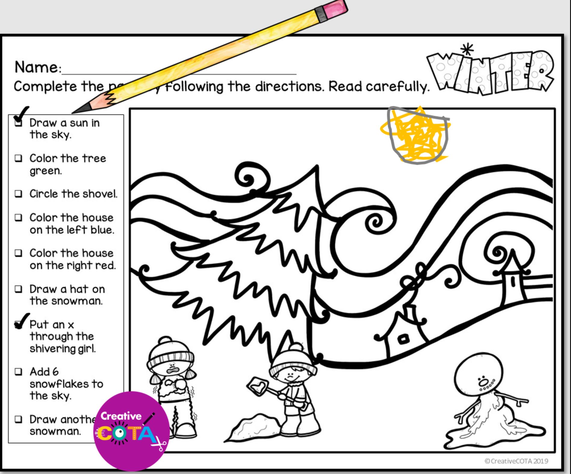 Winter Following Directions Activity Winter Following Directions Activity